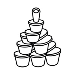 Clean line art illustration of stacked measuring cups in various colors