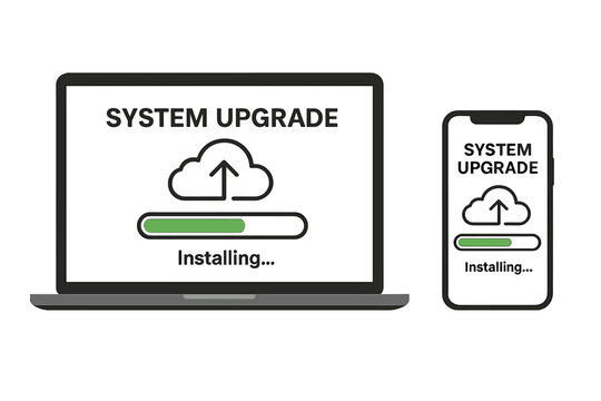 System upgrade installing on laptop and smartphone screen. Software update process with loading progress bar. Cloud data upload concept. Operating system installation vector.