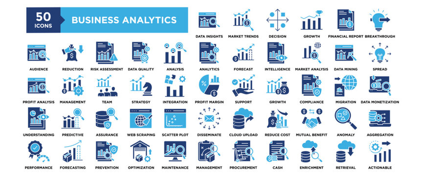 50 Business Analytics icon set. Containing design business, data, information, analytics, technology	