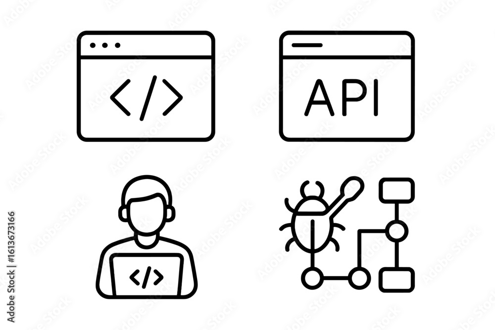 Poster web development icon set in thin line style. programmer, coder, and software engineer symbols. inclu