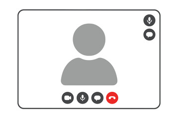 Video call screen interface template for online communication. Vector illustration of a conference app display with user avatar placeholder and control buttons on a transparent background.