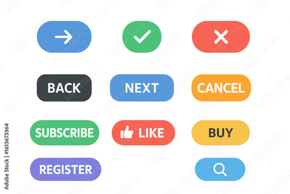 Poster flat style ui buttons set for web design and mobile apps. call to action button collection with icon