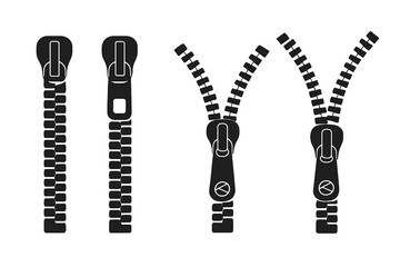 Zippers vector icon set. Open and closed zip fastener for clothing or bags. Zip puller, locker, and slider for sewing or tailoring projects. Black isolated illustration.
