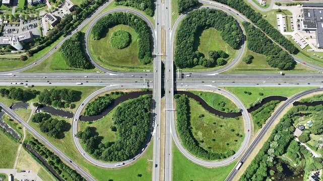 Aerial topshot from cloverleaf junction Drachten in the Netherlands
