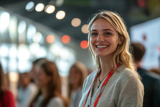 Businesswoman presenting a startup at a trade fair. Smiling and engaging with people at a modern conference.