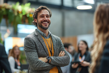 Startup business owner presenting at trade show. Group of people enjoying event. Lively atmosphere inside exhibition hall. Successful business concept. Copy space, banner