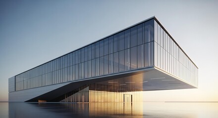 Modern glass building overlooking calm water at sunset