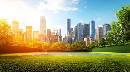Obraz premium Urban tennis court at sunrise. Lush green grass court, modern city skyline in the background, vibrant trees and sunlight