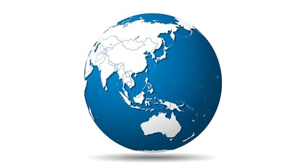 Fototapeta premium A white background highlights a 3D blue earth globe with continents like Europe, America, and Asia, representing a global business and communication concept
