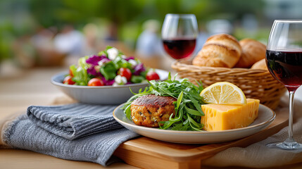 Grilled Fish Cake with Salad and Red Wine Outdoor Meal