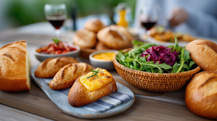Rustic Outdoor Table Setting with Freshly Baked Bread and Salad
