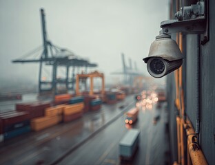 Security camera overlooking a busy port in the rain
