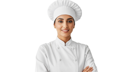 Middle Eastern Female Chef in White Uniform with Chef Hat and Crossed Arms