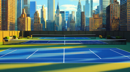 Two tennis courts on a rooftop overlooking a vibrant city skyline, bathed in golden sunlight.  The courts are outlined with dark fencing, and benches are situated along the sides