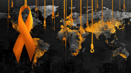 Global Awareness and Support for HIV/AIDS Prevention with Orange Ribbon and World Map Background