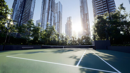 Urban tennis court nestled amidst high-rise buildings, lush greenery and sunlight