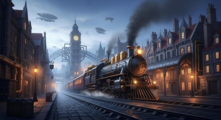 Steampunk train in a foggy victorian city with airships overhead