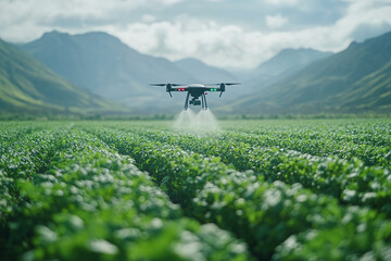 Aerial Drone Spraying Crops in a Vibrant Green Field with Mountains