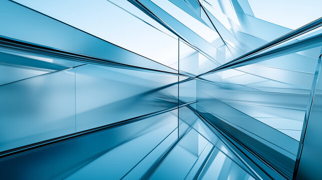 An abstract architectural background with sleek, intersecting blue glass panels, perfect for illustrating modern design, technology, or corporate concepts