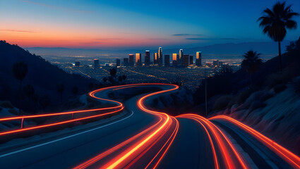 Beautiful Cityscape View from a Winding Road at Dusk with Light Trails and a Palm Tree