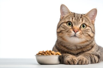 A tabby cat with green eyes sits beside a bowl filled with dry cat food on a white surface.
