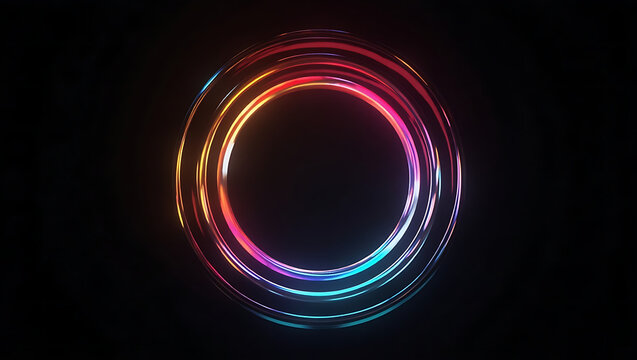 Black deep void abstract background. Iridescent concentric circles with glowing neon lights. Color gradient ombre blend. Smooth transition. Bright shimmer glow. Holographic noise blur