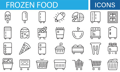 Icon Set Featuring Frozen Meals, Snacks, and Freezers for E-Commerce and Web Use