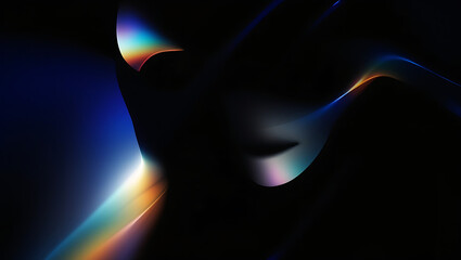 Black deep space abstract background. Soft prism light reflections with rainbow hues. Dark neon blur. Gradient shimmer. Subtle glow and iridescent lines. Noise grain texture. Minimal motion
