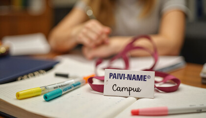 Student studying with name tag and colorful markers on desk  