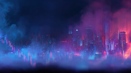 Futuristic Cityscape at Night: Abstract Stock Market Data Overlay, Pink and Blue Neon Glow, Financial Technology Concept