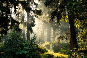 Sunlight filters through a misty forest