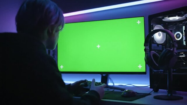 A person sits in a dimly lit room, facing a large monitor displaying a green screen, with gaming peripherals and a computer tower visible.