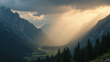 Obraz premium Mountain Valley Landscape with Sunbeams and Village