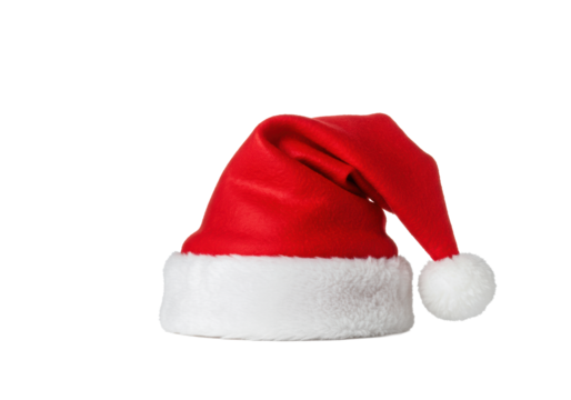 Classic vibrant red santa hat with plush white faux fur trim and spherical white pom-pom, centrally on pristine transparent background with copy space, studio lit, product photography, no shadows.