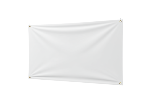 transparent fabric banner with subtle folds and golden grommets, suspended against a transparent studio background, even diffuse lighting, ultra photorealistic high-angle view, concept for design