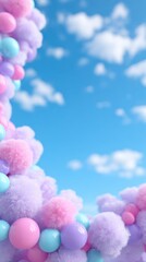 Colorful fluffy spheres against a bright blue sky with clouds.