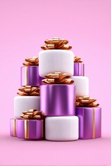 Colorful gift boxes stacked beautifully on a pink background.
