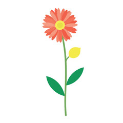 Simple, colorful illustration of a flower with a yellow center, red petals, green stem, leaves, and a leaf. Perfect for spring, nature, or design projects.
