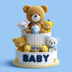 Colorful stuffed bears on a playful cake design for celebrations.