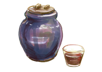 壺で発酵熟成させた黒酢の手描き水彩イラスト