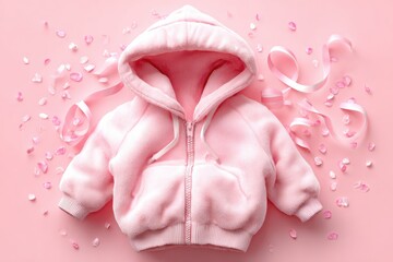 Cute pink hoodie surrounded by petals and ribbons on a pink background.