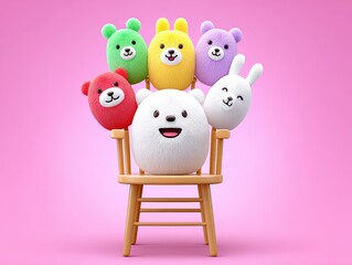 Cute plush toys smiling together on a colorful background.