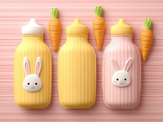 Cute rabbit-themed bottles with carrots on a pastel background.