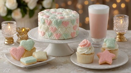 Delicious pastel desserts featuring heart-shaped cookies and cake.