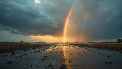 Rainbow over Muddy Road after Rainfall