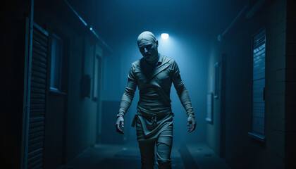 Man wearing mask walking through dimly lit corridor at night  