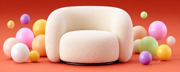 Stylish lounge chair with colorful decorative spheres.