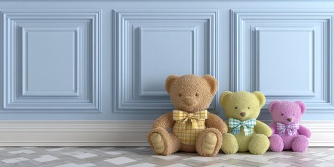 Three colorful teddy bears sit against a pastel wall backdrop.