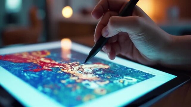 Digital illustrator at work, creating vibrant artwork on a graphic tablet