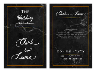 A stylish black marble wedding invitation template with gold border accents. This luxurious and modern invitation layout is ideal for luxury weddings, evening events, and formal ceremonies.
